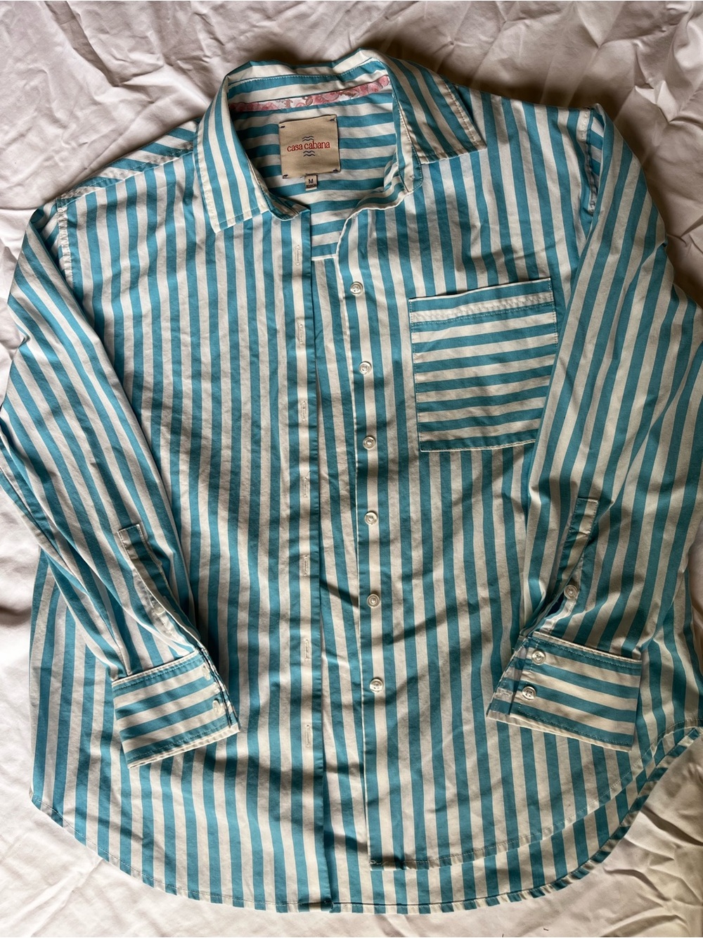 Preppy Beach vacation cruise Teal and White Striped Button-Down Shirt mens m